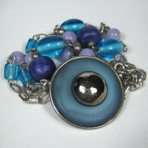 Necklace 32 In Silvetone Chain Pendant Strand Glass Beaded Blue Jewelry Women - Picture 2 of 10